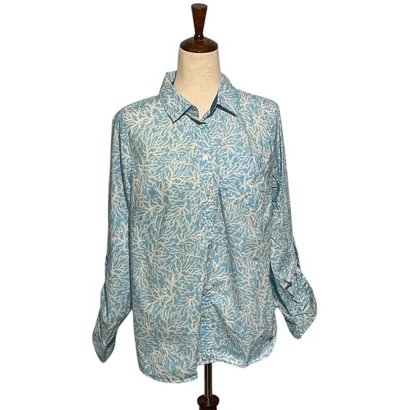 Talbots Ocean Coral Print Tabbed Sleeve Button Down Shirt - Picture 1 of 9